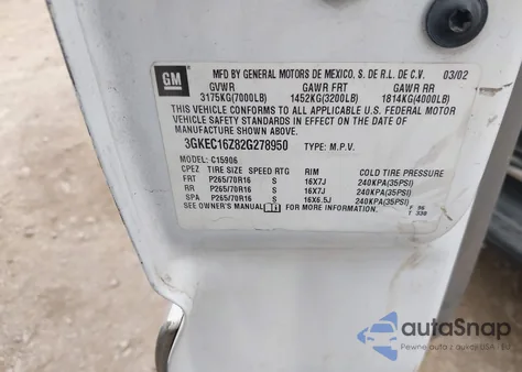 2002 GMC Yukon Xl 1500 Slt из США, поврежденный, VIN 3GKEC16Z82G278950